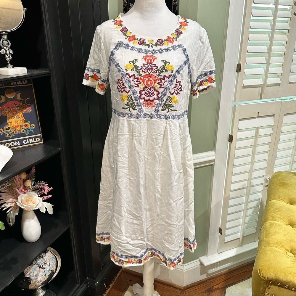 Orange Creek white embroidered midi dress (Size M)